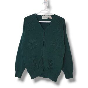 Vintage 90s Festive Knit Cardigan Sweater Green Size L